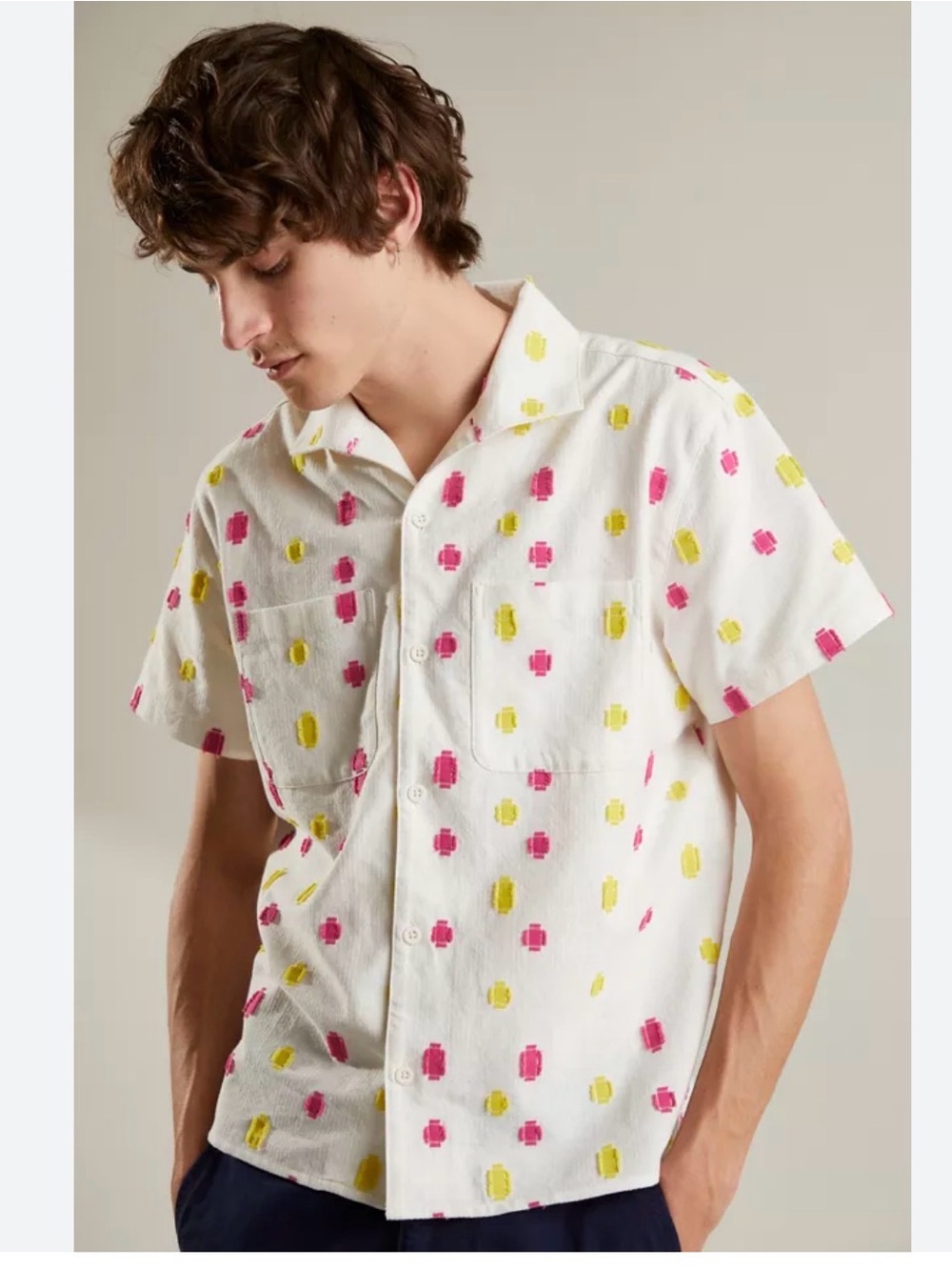 BDG White Short-Sleeve Button-Down Shirt with Pink & Yellow embroidery